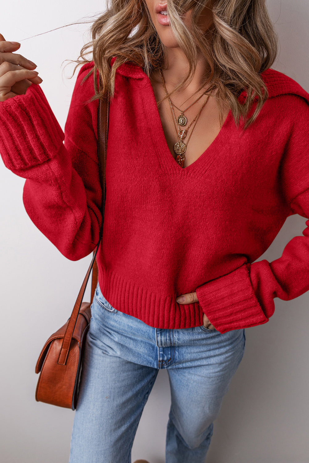 Collared V-Neck Ribbed Edge Sexy Elegant Sweater