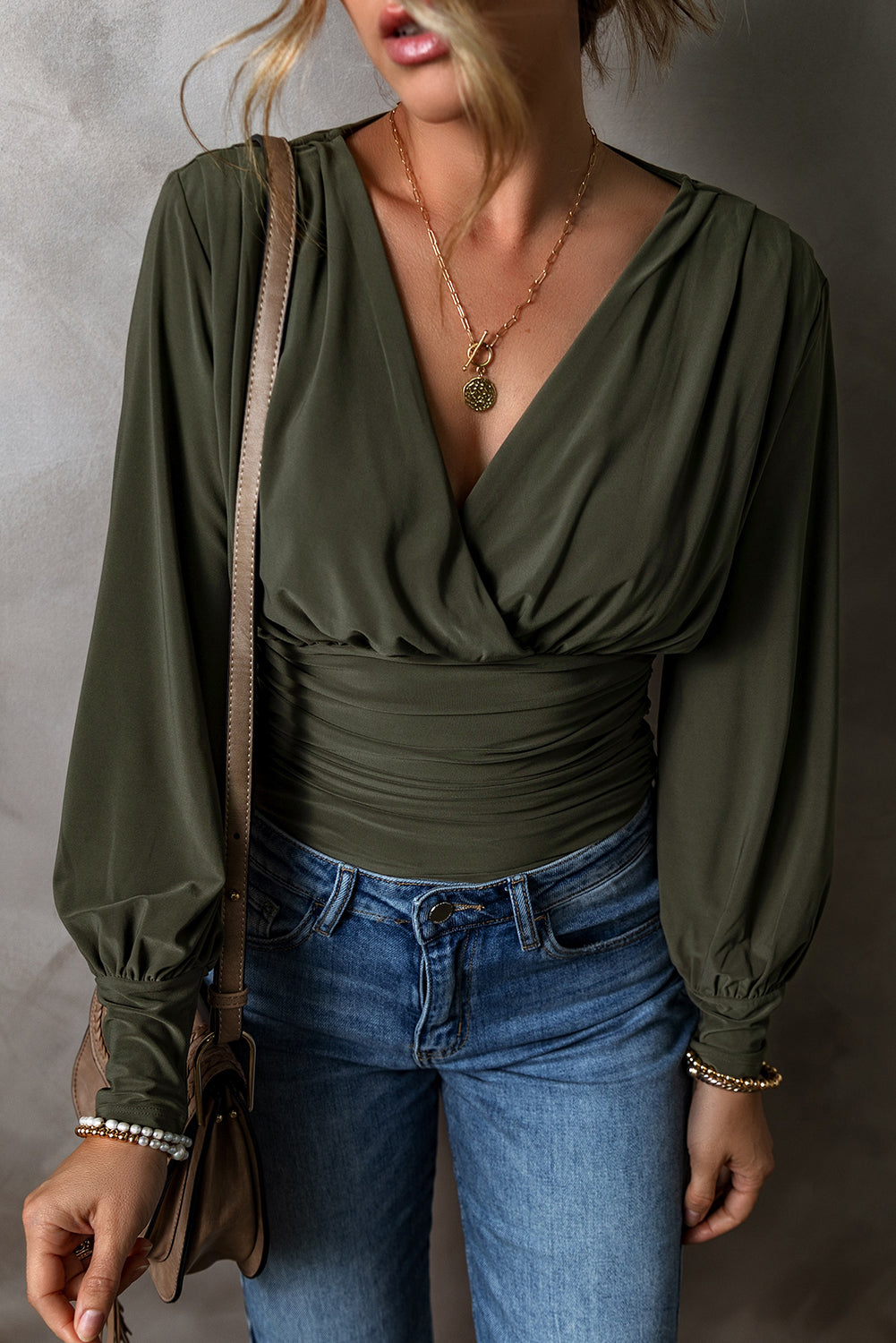 Moss Green Ruched Wrap V-Neck Long Sleeve Bodysuit