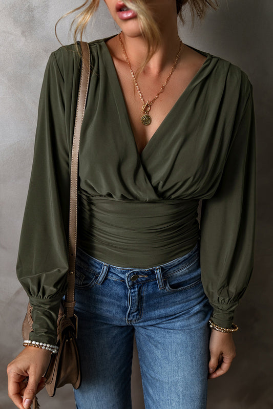 Moss Green Ruched Wrap V-Neck Long Sleeve Bodysuit