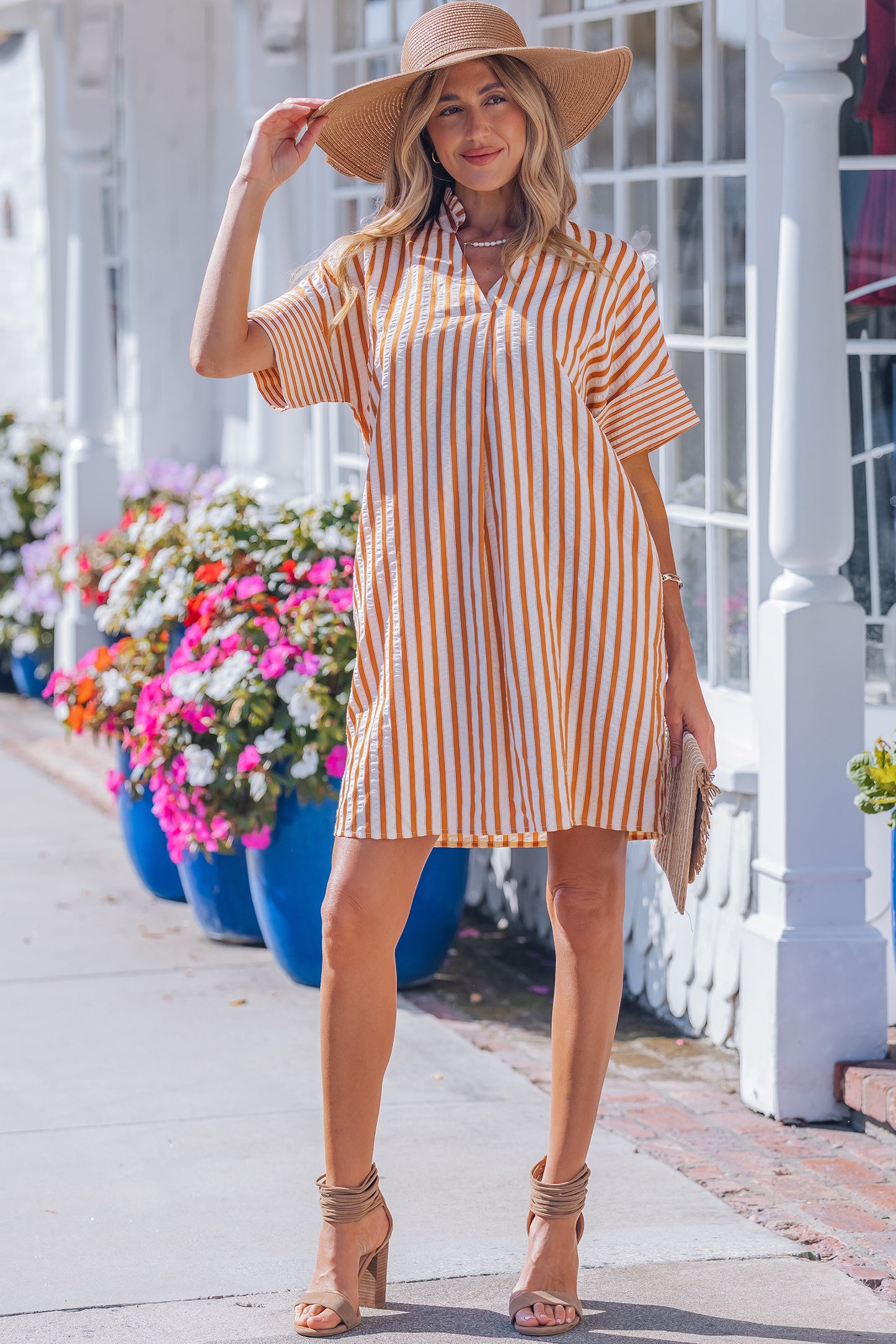 Striped Pinched V-Neck Shift Mini Dress