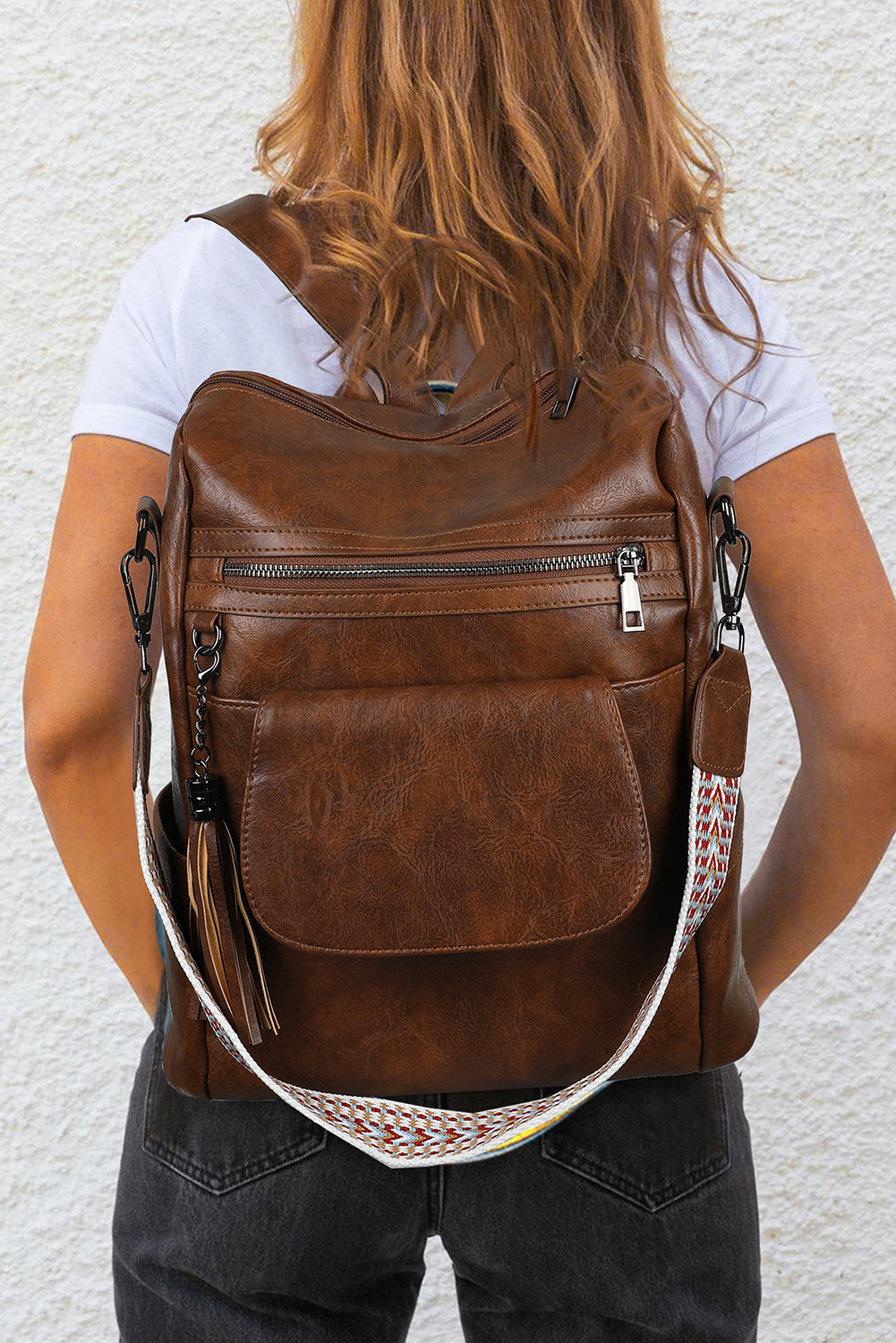 Dark Brown Tassel Decor Retro Faux Leather Backpack