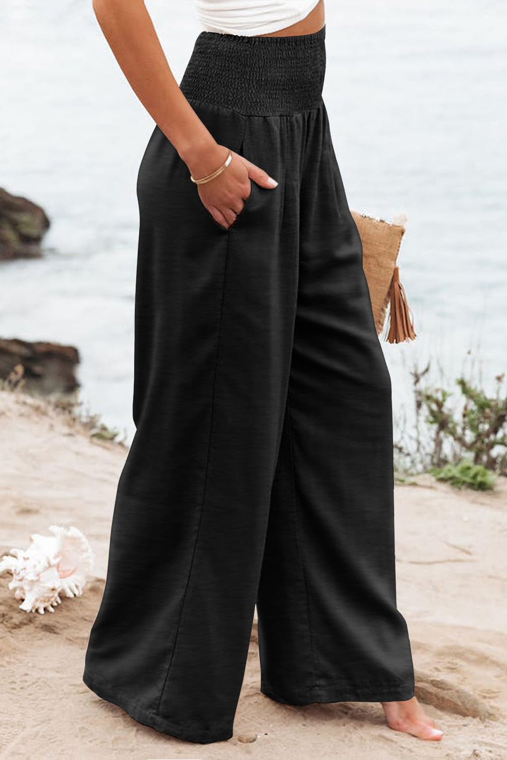 Black Shirred High-Waist Plus Size Wide-Leg Pants