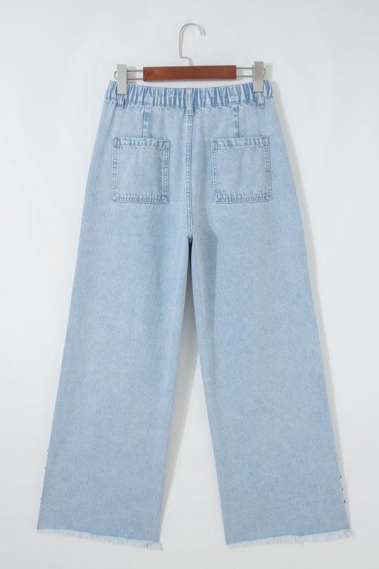 Studded Side-Slit Leg Frayed Pocketed Wide Leg Jeans