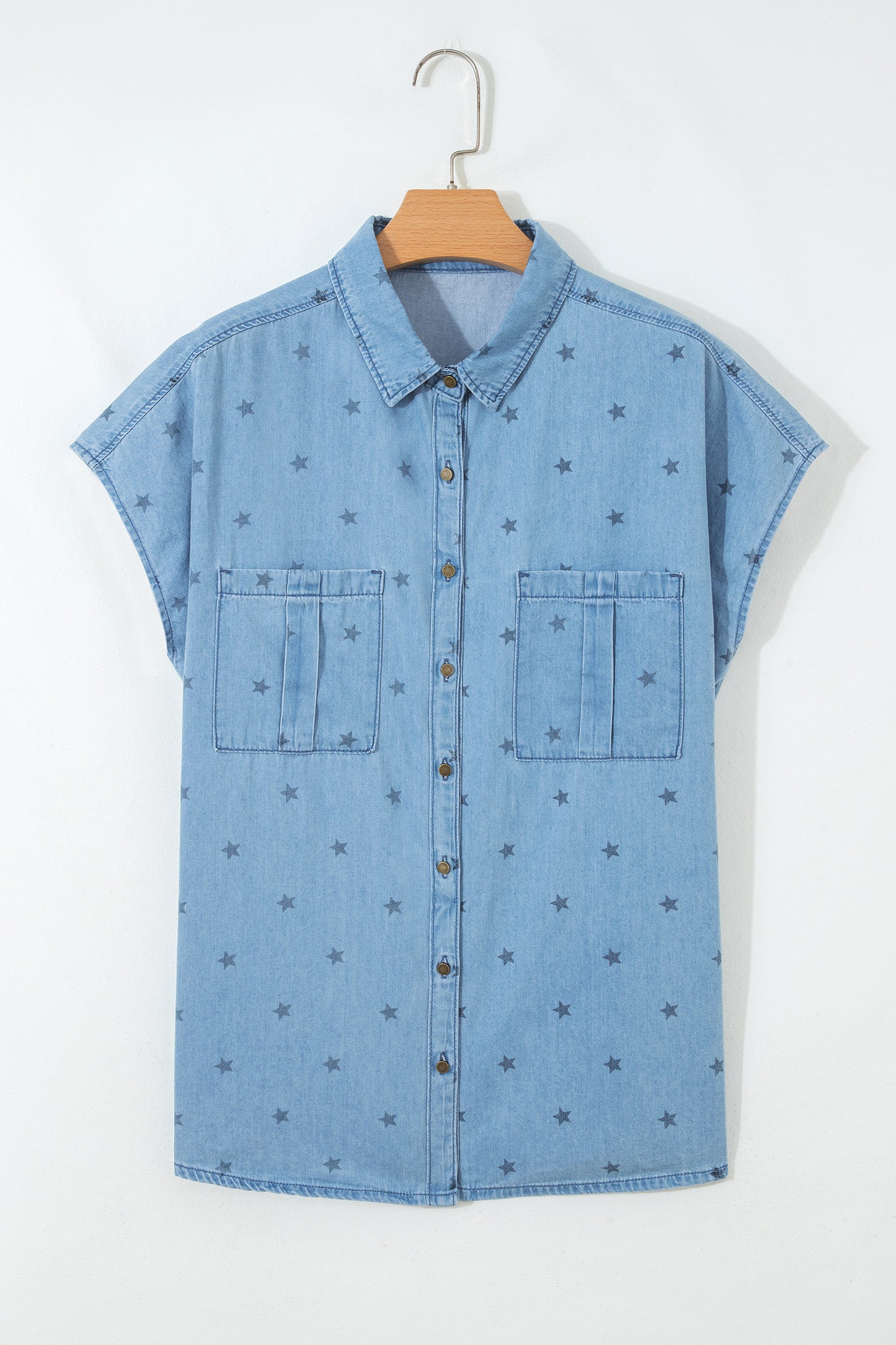 Beau Blue Star Allover Print Double Chest Pocket Short Sleeve Denim Shirt