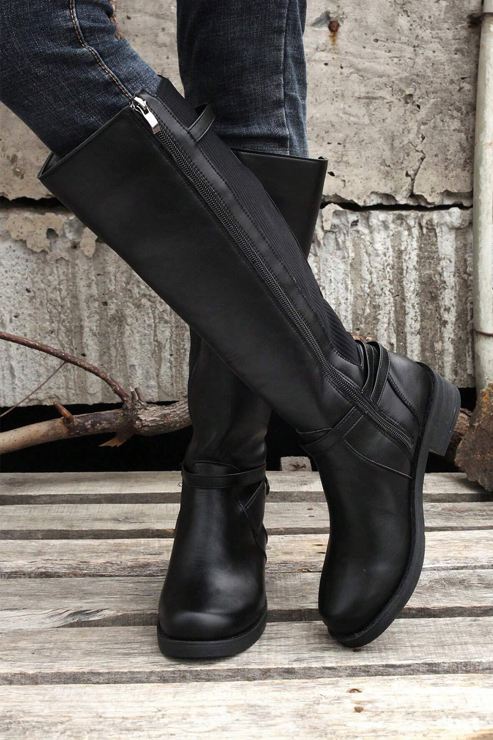 Black Side-Zipper Knee High Chunky Low Heel Boots