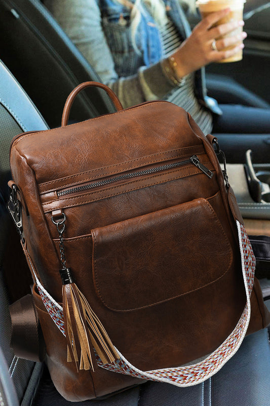 Dark Brown Tassel Decor Retro Faux Leather Backpack
