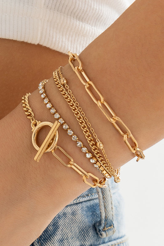 Gold Multi-Layered Rhinestone Plated Chain Bracelet Set