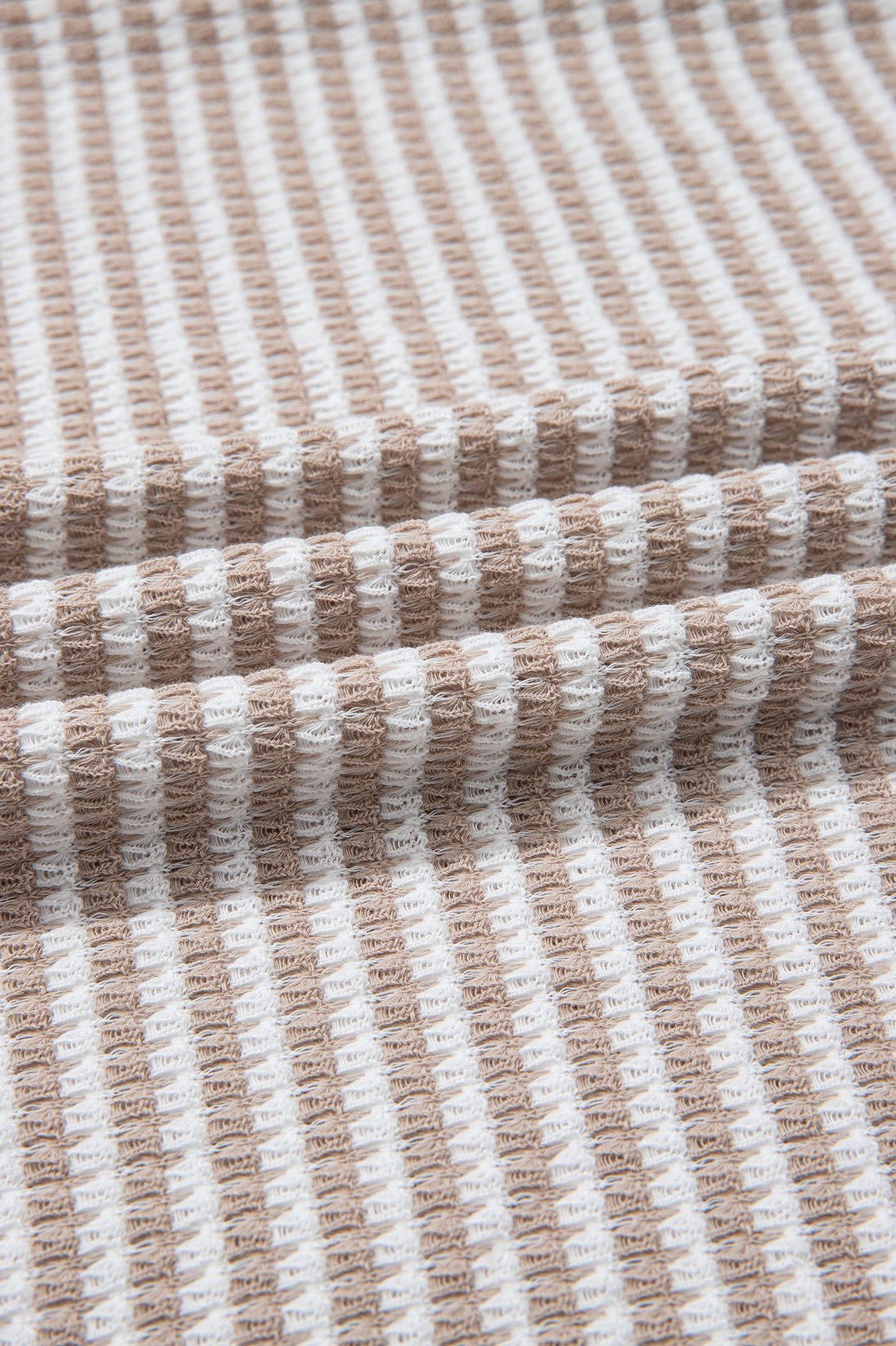 Beige Striped Textured-Knit V-Neck Casual Top