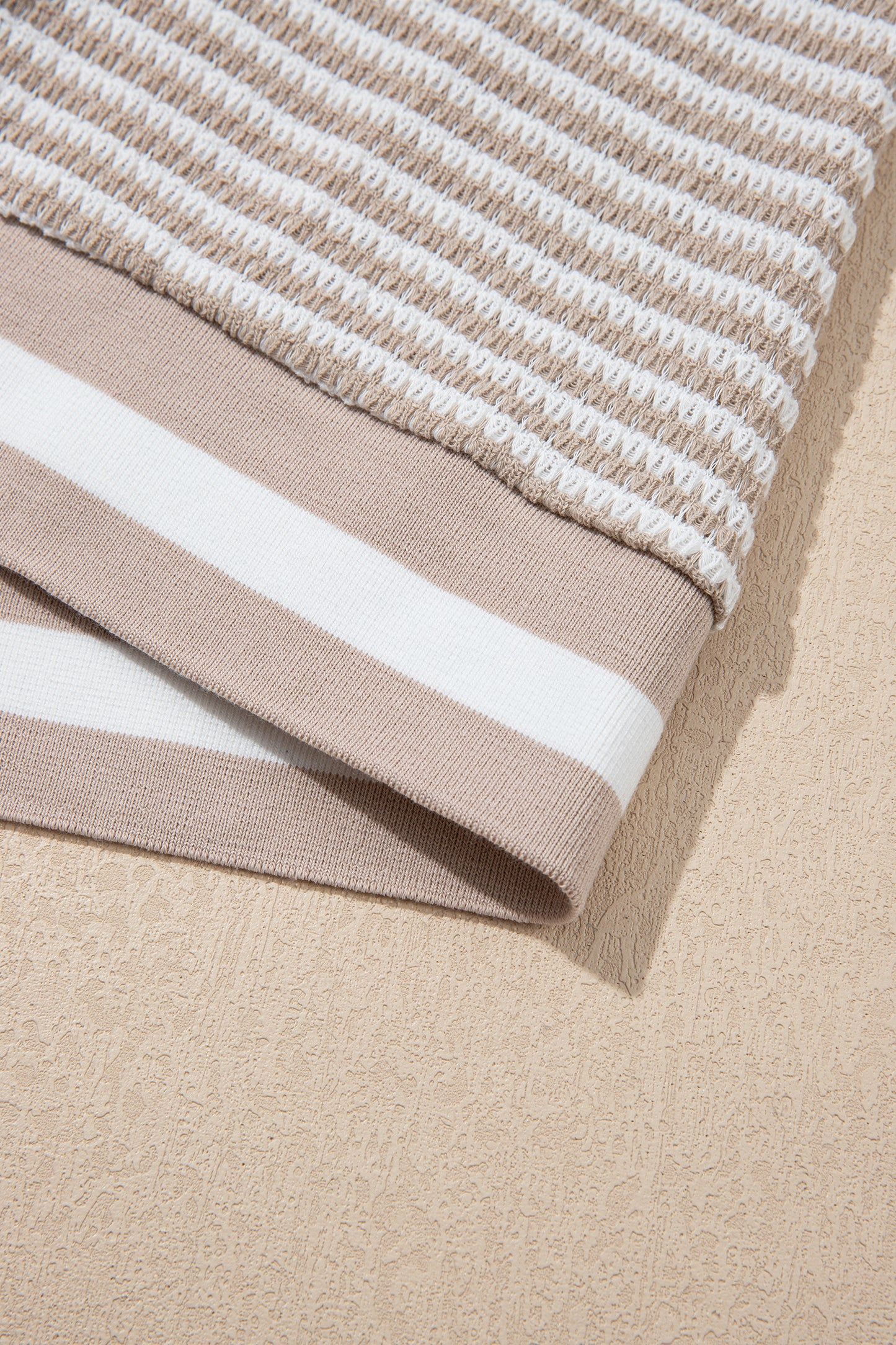 Beige Striped Textured-Knit V-Neck Casual Top