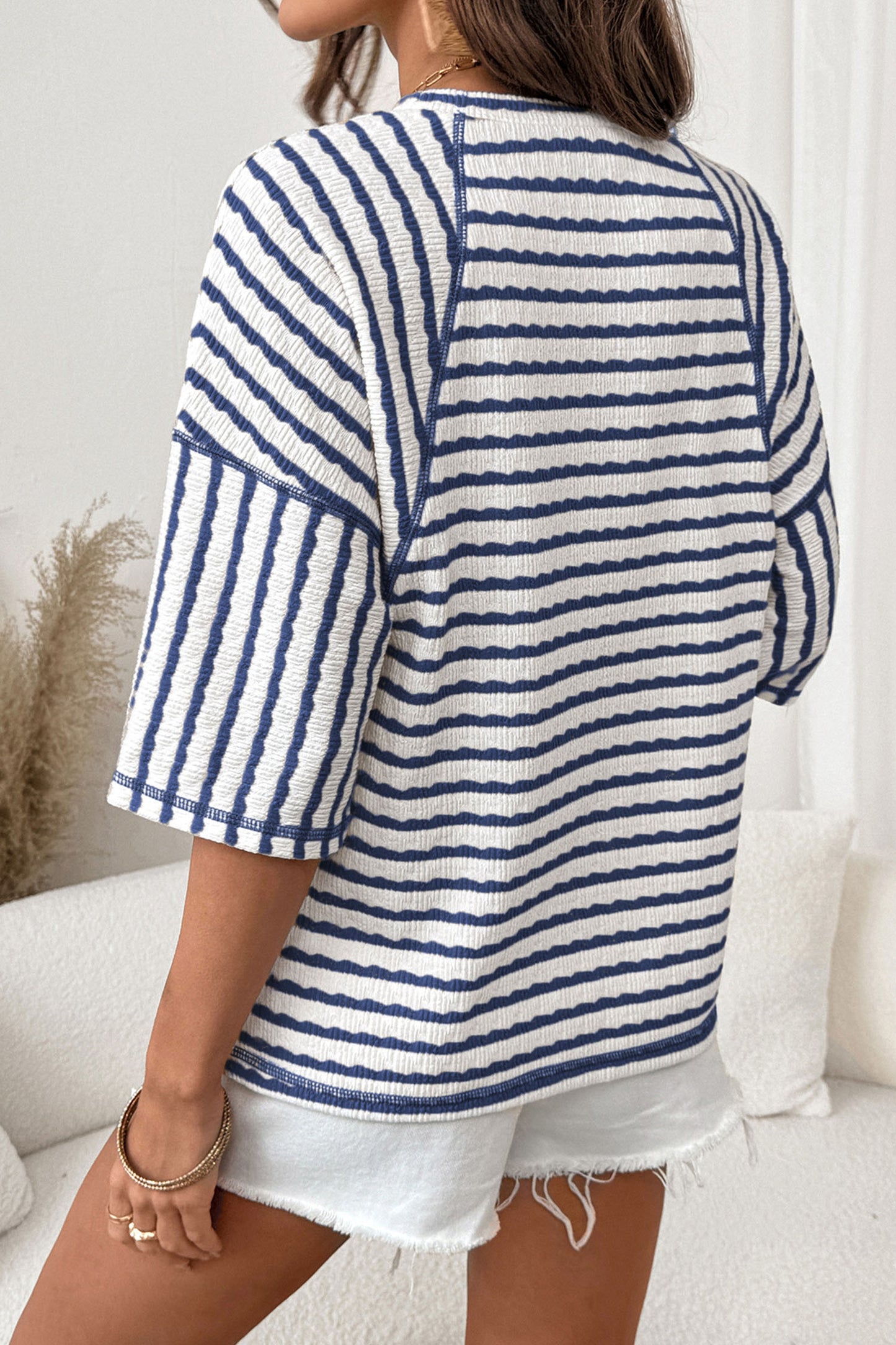 Textured Knit Split-Hem Half Sleeve Loose Top