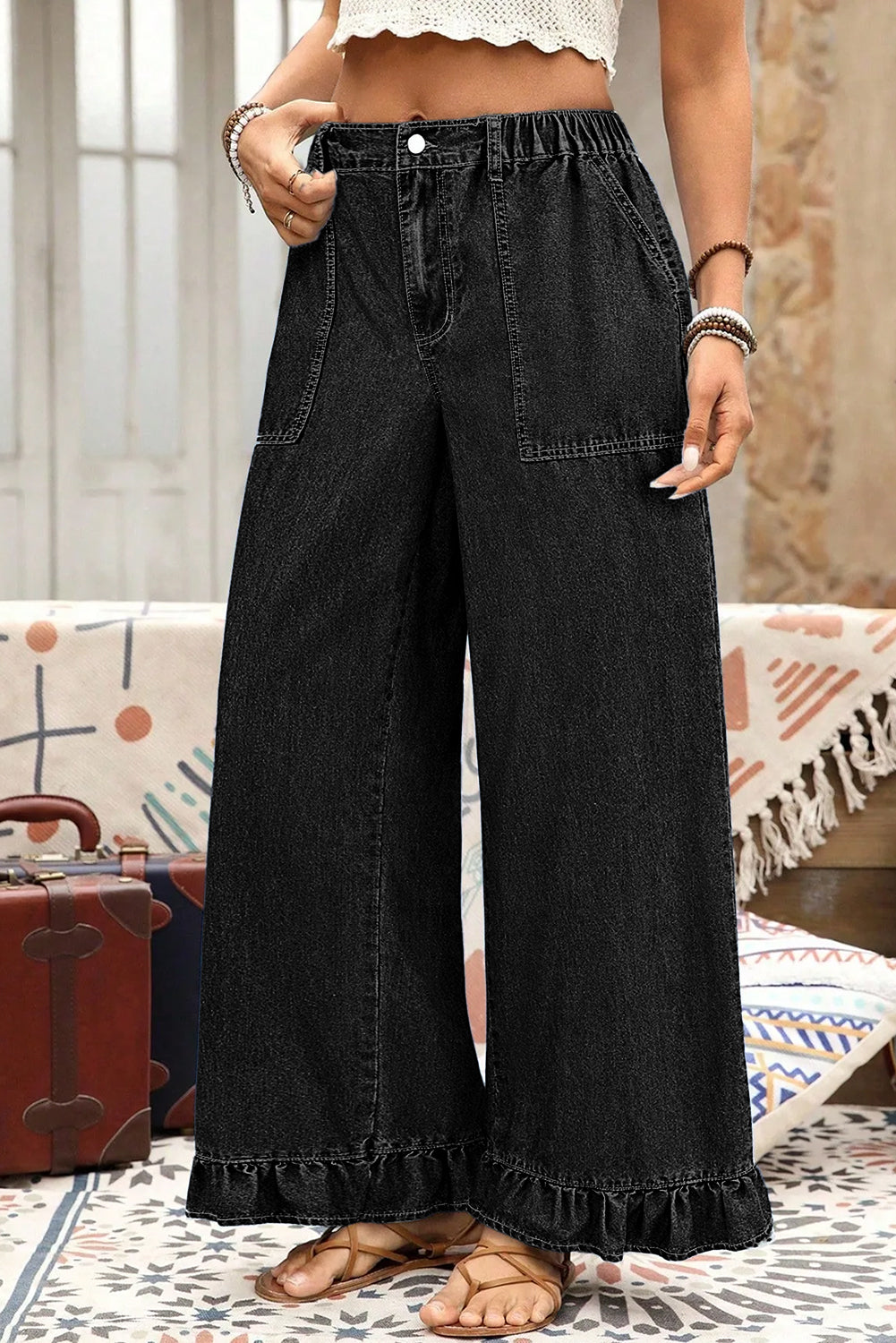 Plus Size Elastic Waist Ruffled Wide Leg Denim Pants