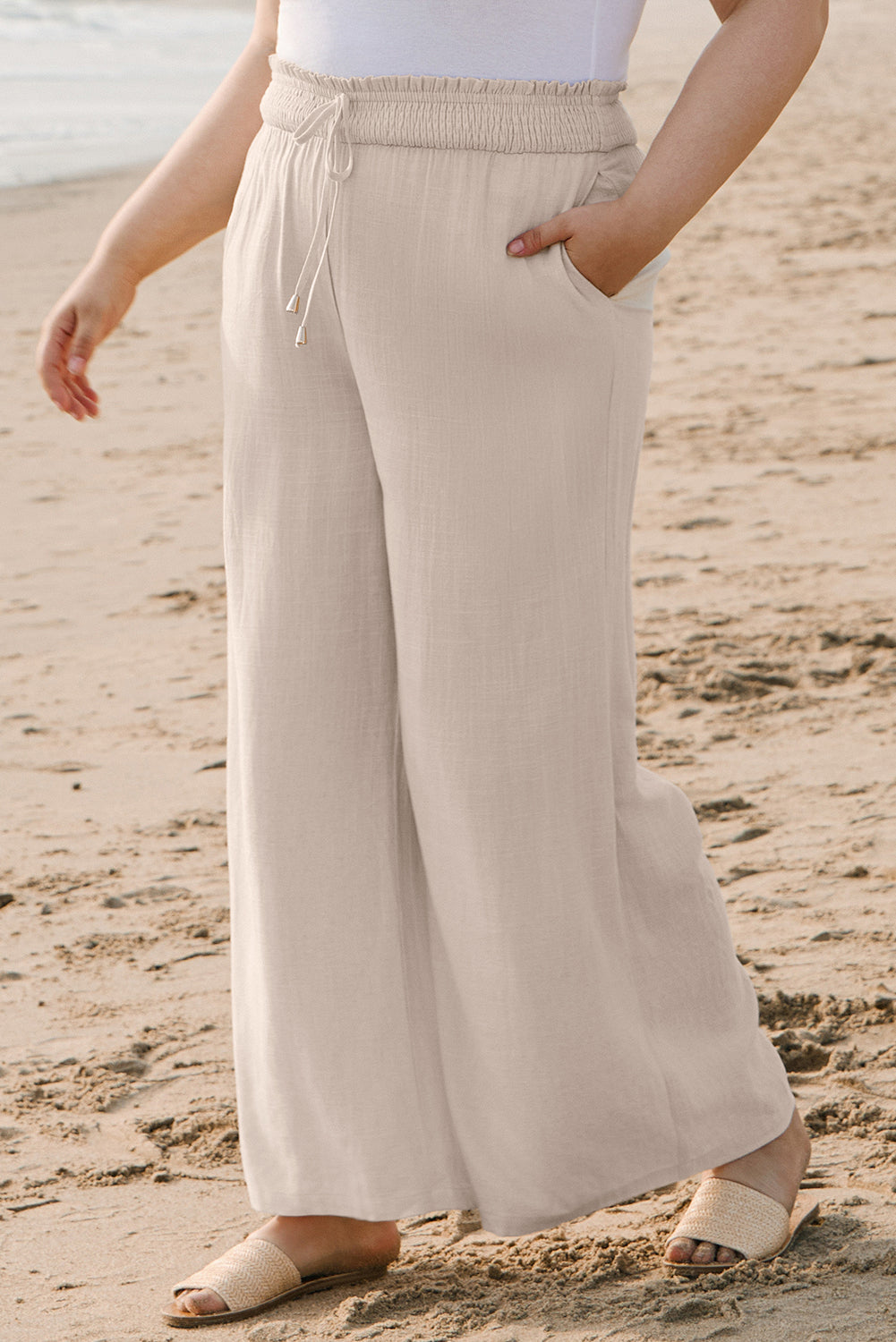 Beige Smocked High-Waist Wide Leg Plus-Size Pants