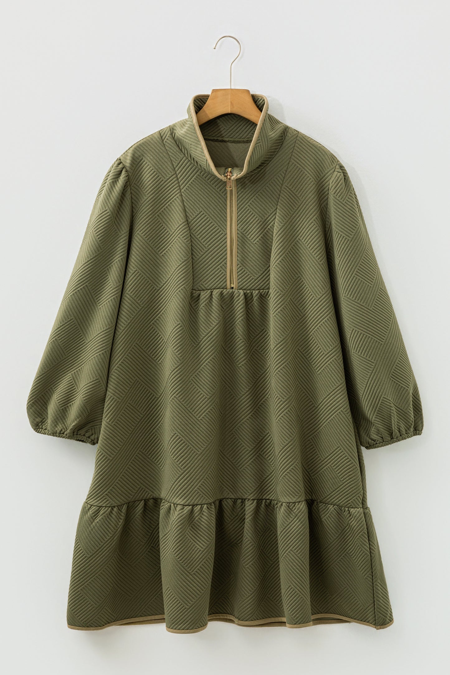 Jungle Green Textured Contrast Trim Quarter Zip Bracelet Sleeve Plus-Size Mini Dress