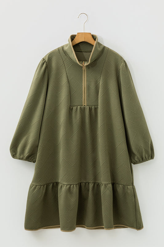 Jungle Green Textured Contrast Trim Quarter Zip Bracelet Sleeve Plus-Size Mini Dress