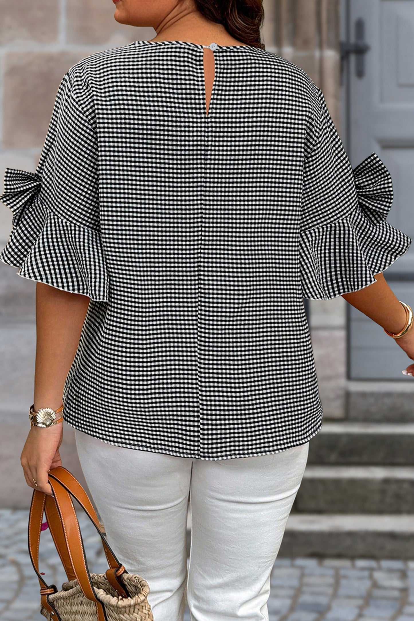 Black Plus-Size Plaid Bow Decor Bell Sleeve Round Neck Top