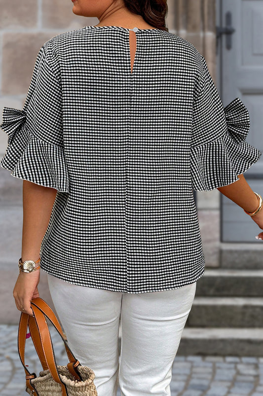 Black Plus-Size Plaid Bow Decor Bell Sleeve Round Neck Top