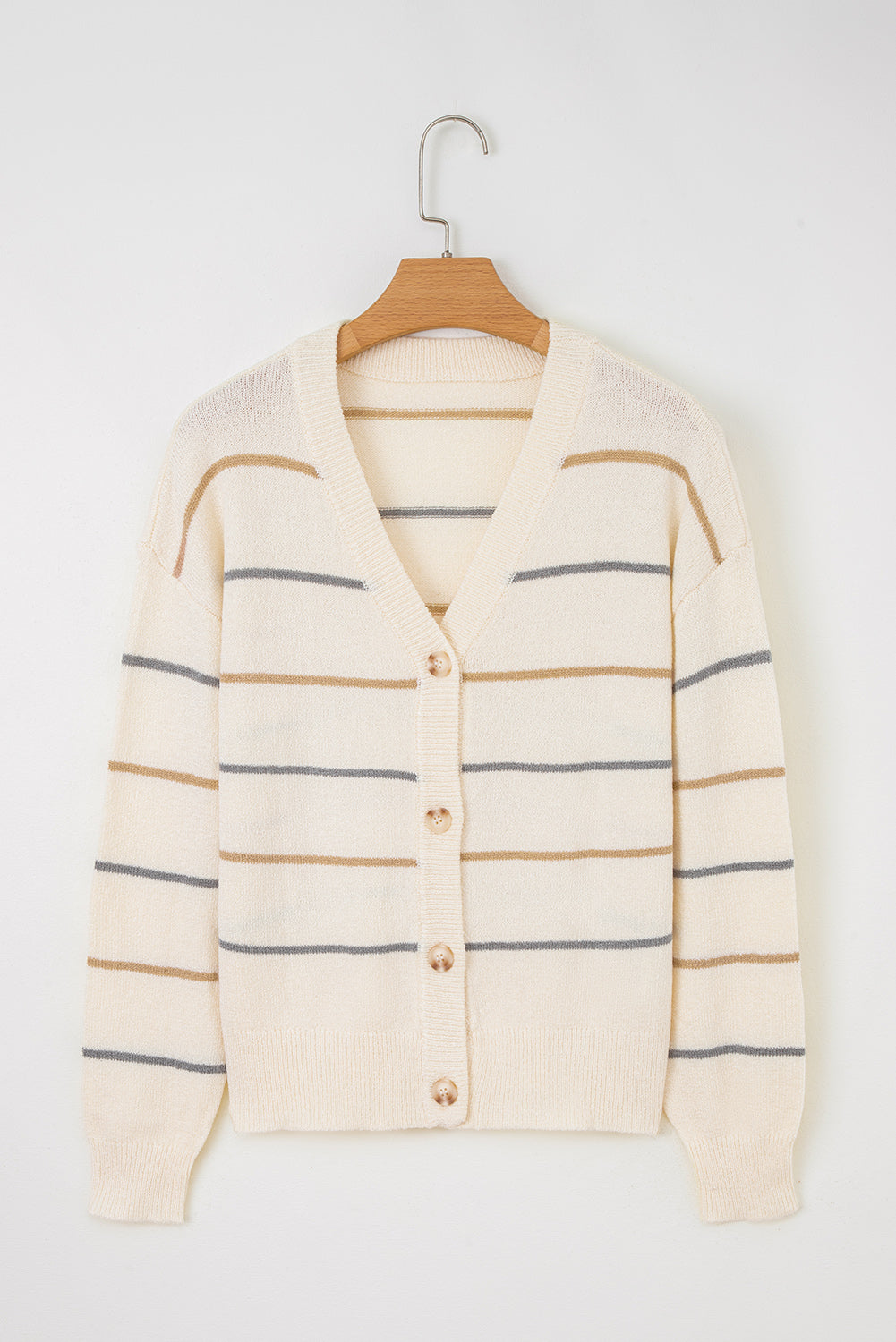 Striped Buttoned Front V-Neck Drop Shoulder Cardigan