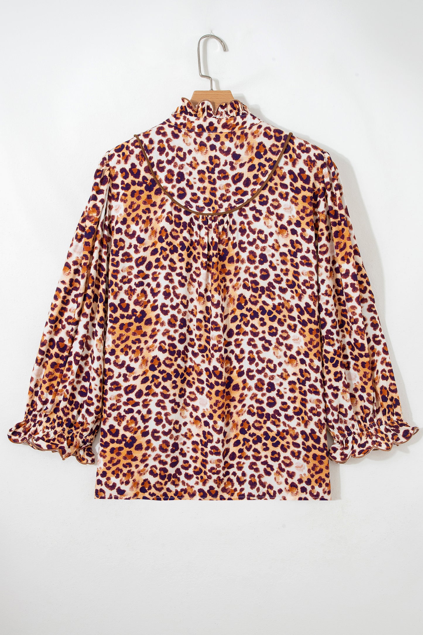 Brown Plus-Size Leopard Frilled Stand Neck Blouse