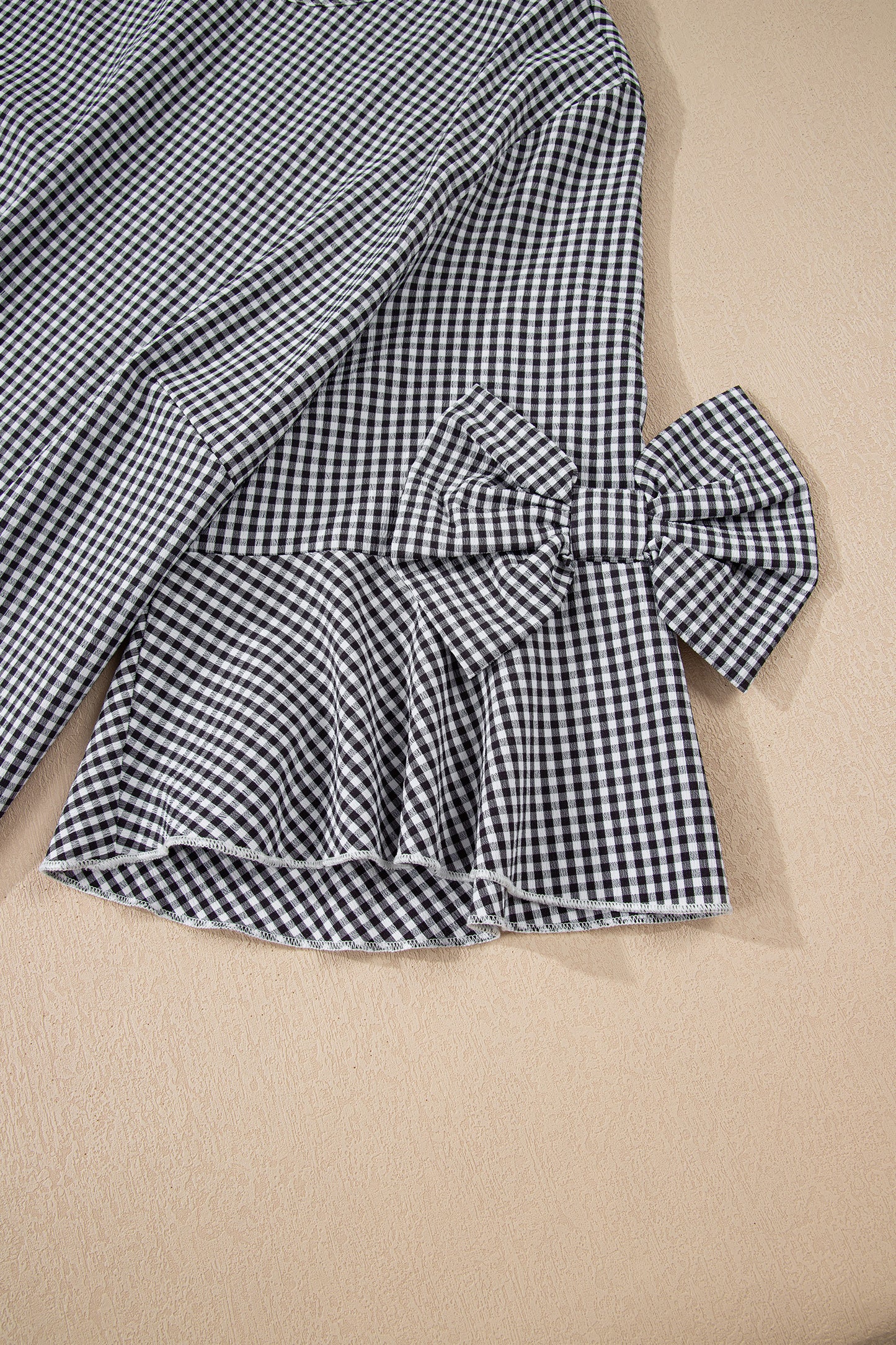 Black Plus-Size Plaid Bow Decor Bell Sleeve Round Neck Top