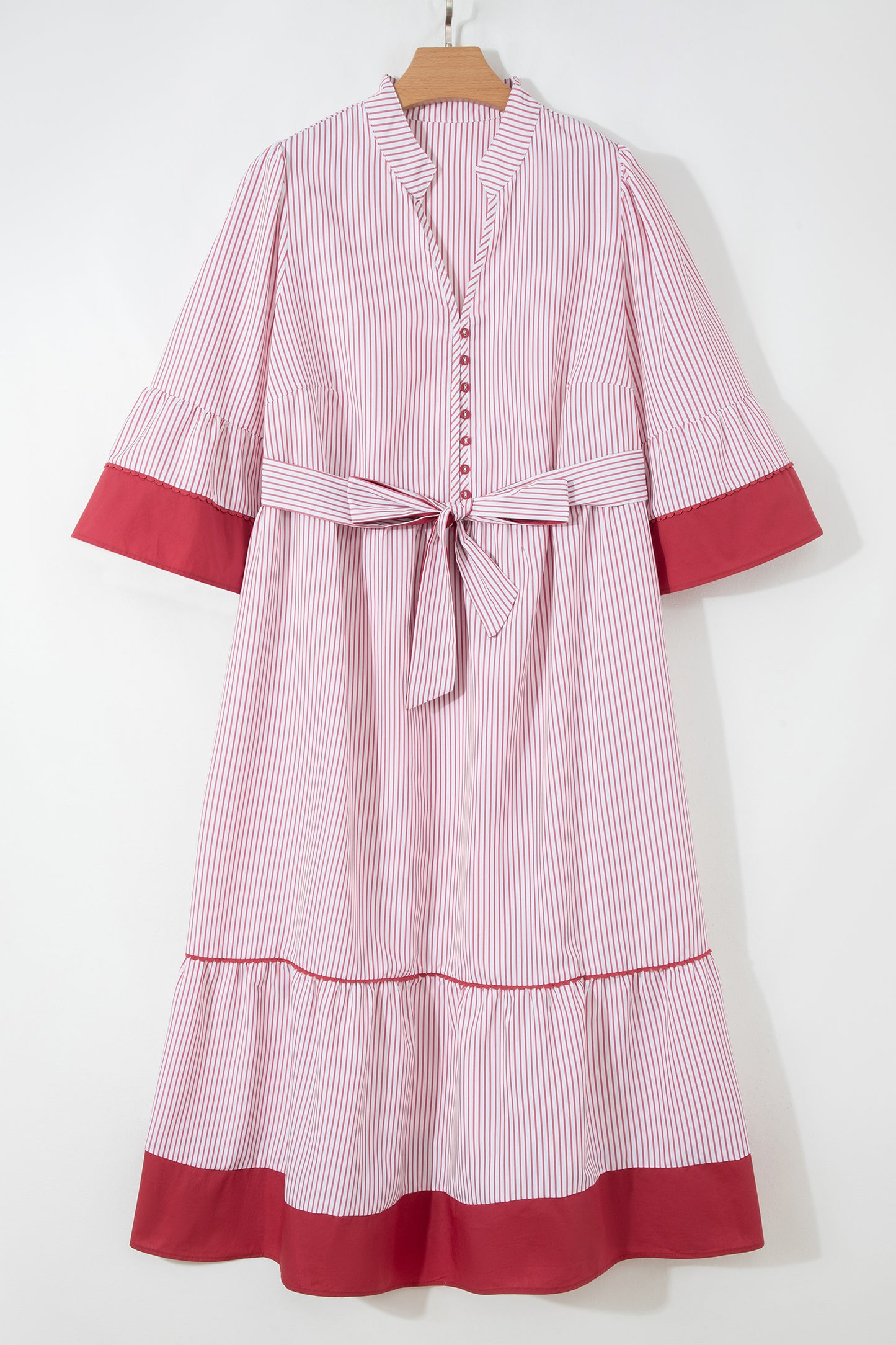 Red Stripe Plus-Size Ruffled Hem Pinstriped Midi Dress