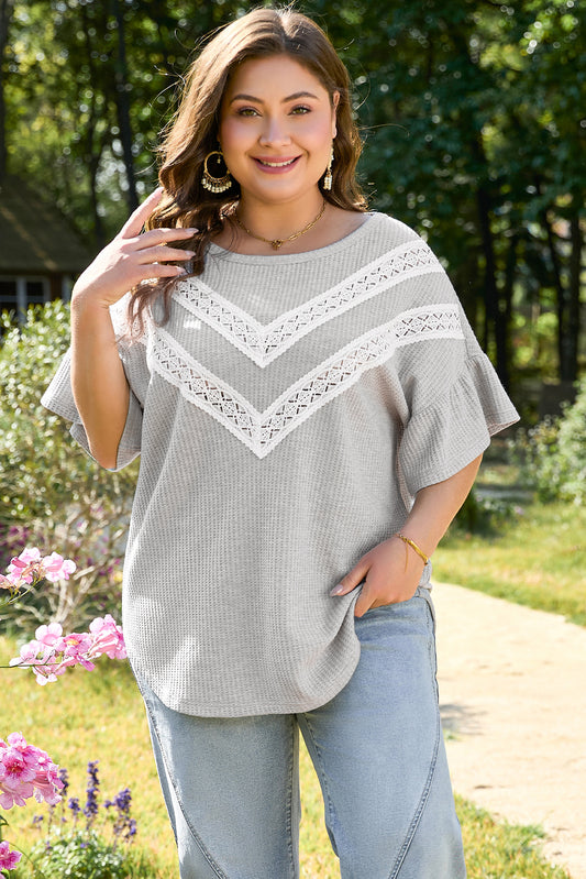 Light Grey Lace Insert Waffle Ruffle Short-Sleeve Plus-Size Top