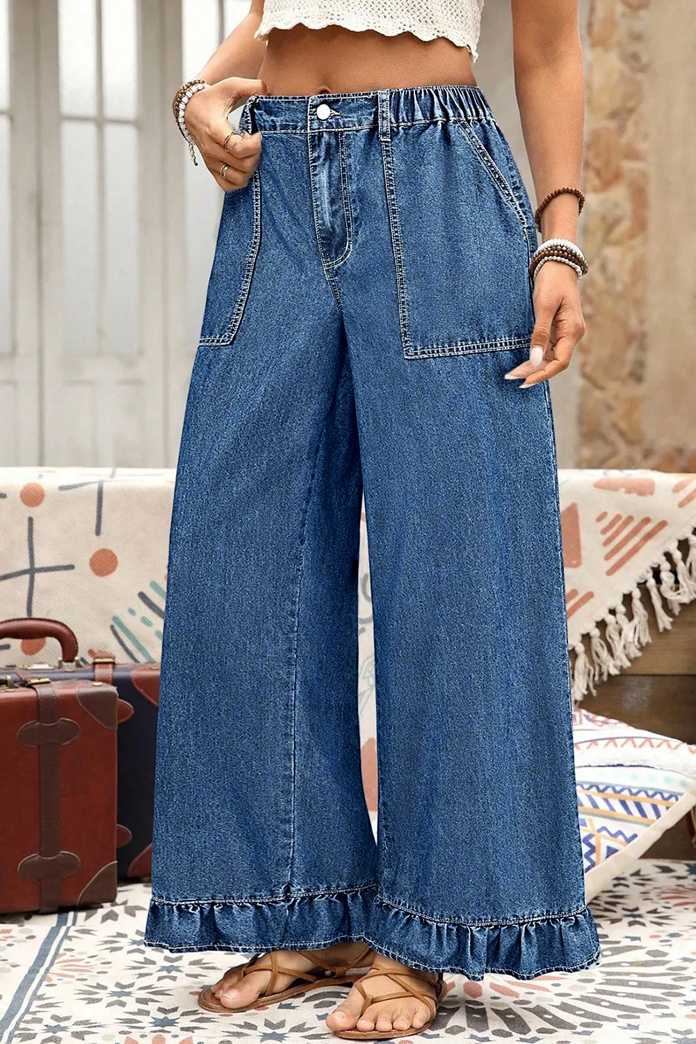 Plus Size Elastic Waist Ruffled Wide Leg Denim Pants