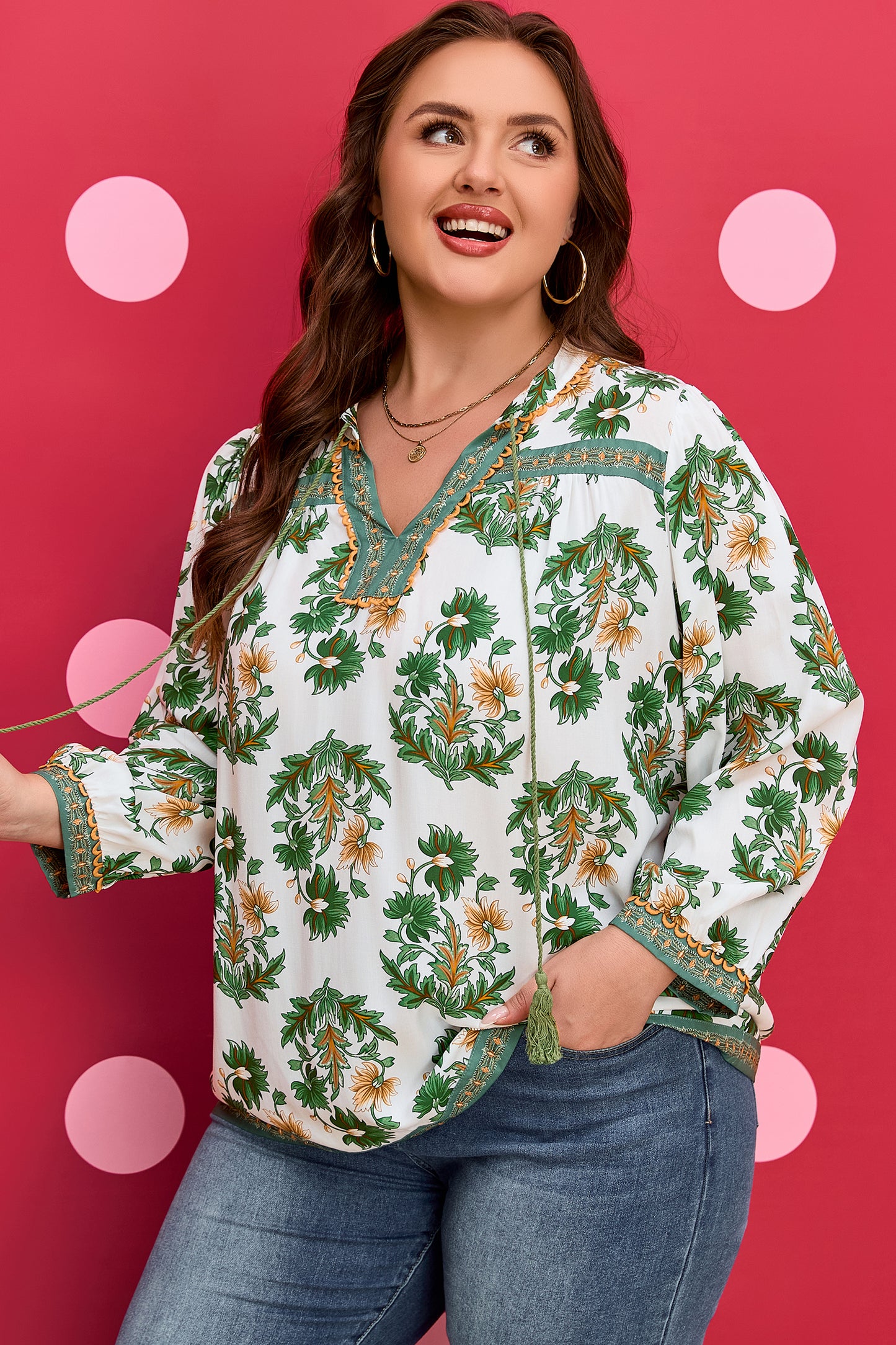 Green Plus-Size Floral Printed Contrast Patchwork Detail Tassel Tie 3/4 Sleeve Blouse