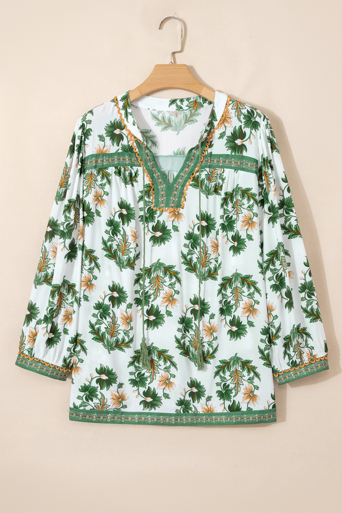 Green Plus-Size Floral Printed Contrast Patchwork Detail Tassel Tie 3/4 Sleeve Blouse