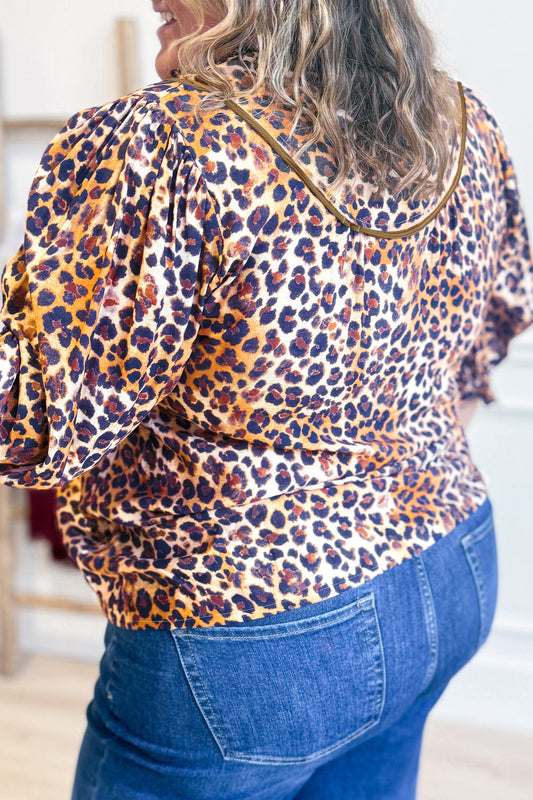 Brown Plus-Size Leopard Frilled Stand Neck Blouse