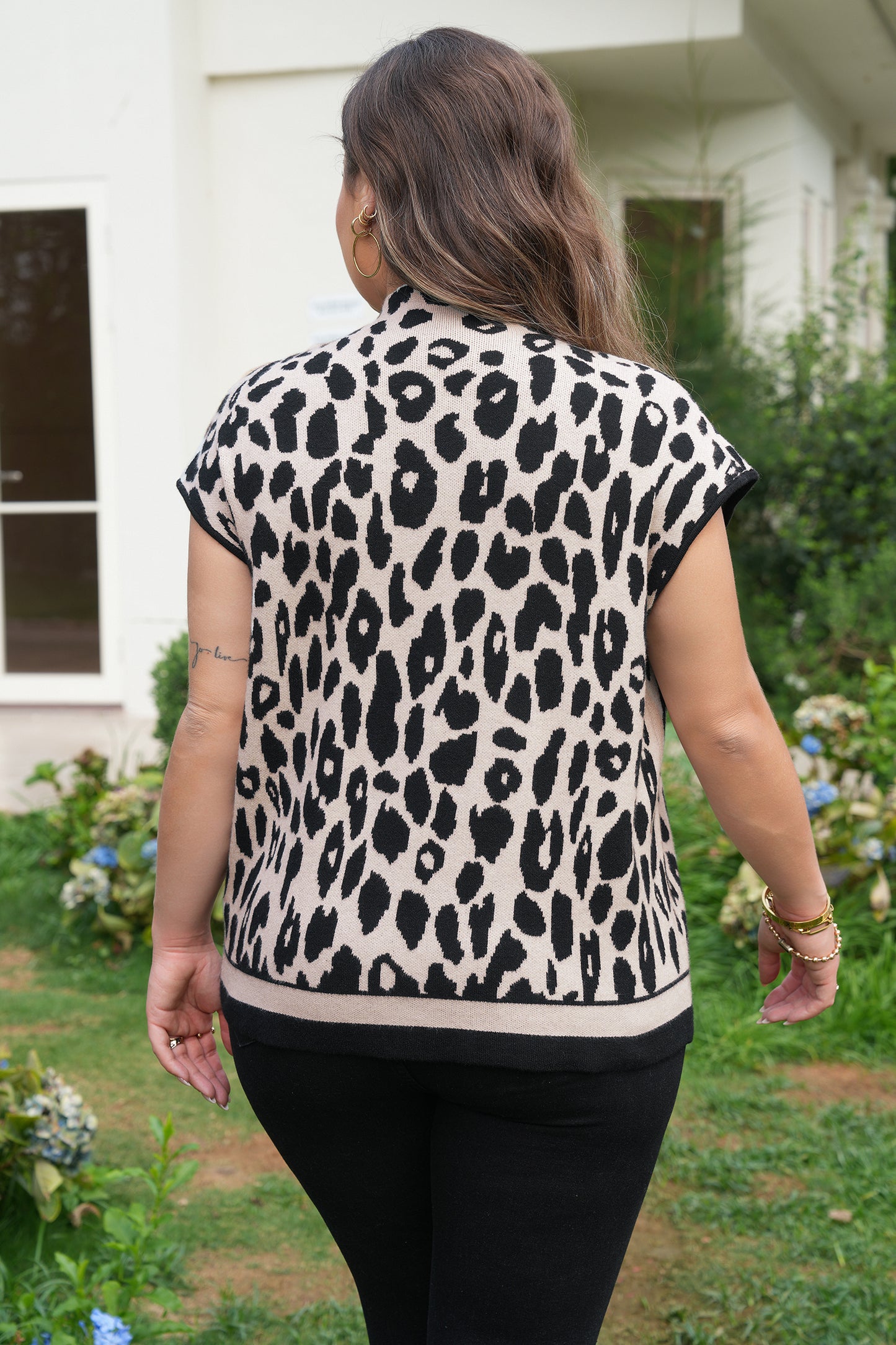 Leopard Print Plus-Size High Neck Short Sleeve Knit Top