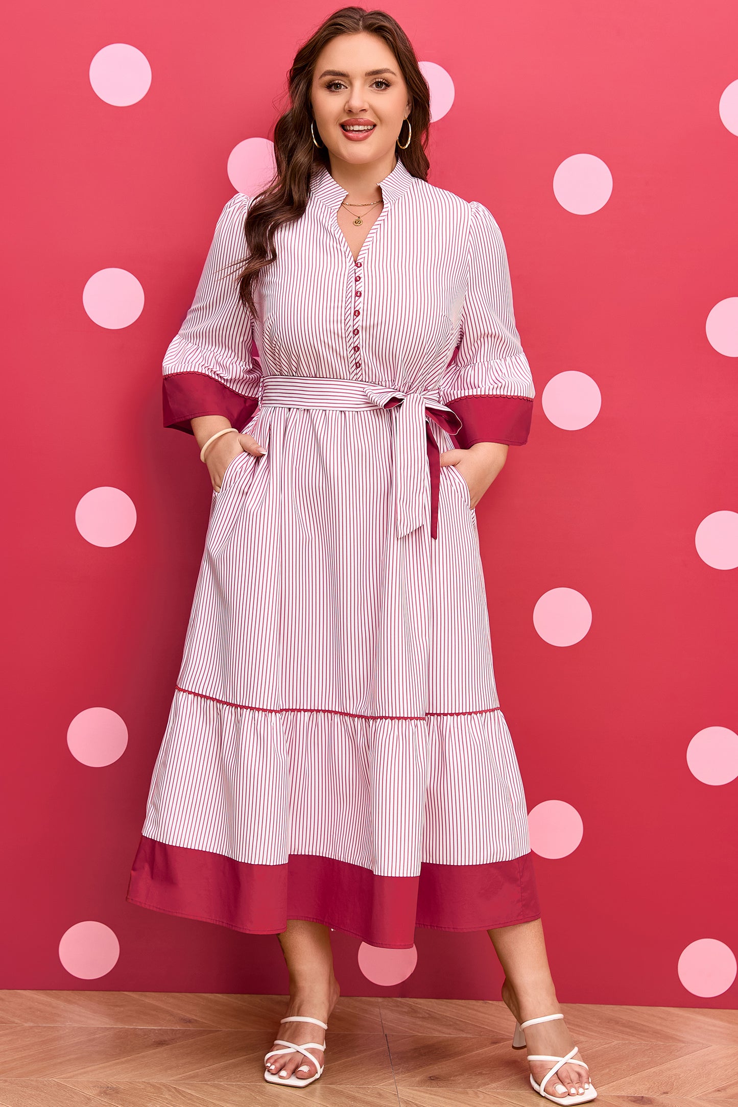 Red Stripe Plus-Size Ruffled Hem Pinstriped Midi Dress