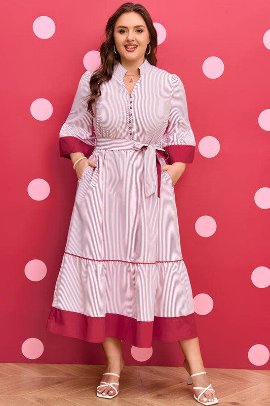 Red Stripe Plus-Size Ruffled Hem Pinstriped Midi Dress
