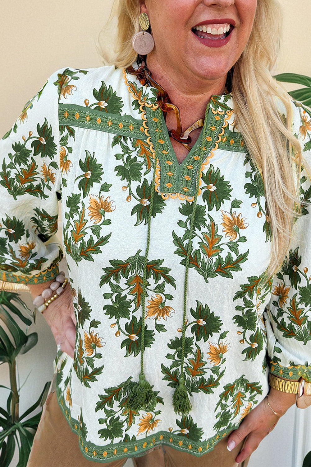 Green Plus-Size Floral Printed Contrast Patchwork Detail Tassel Tie 3/4 Sleeve Blouse