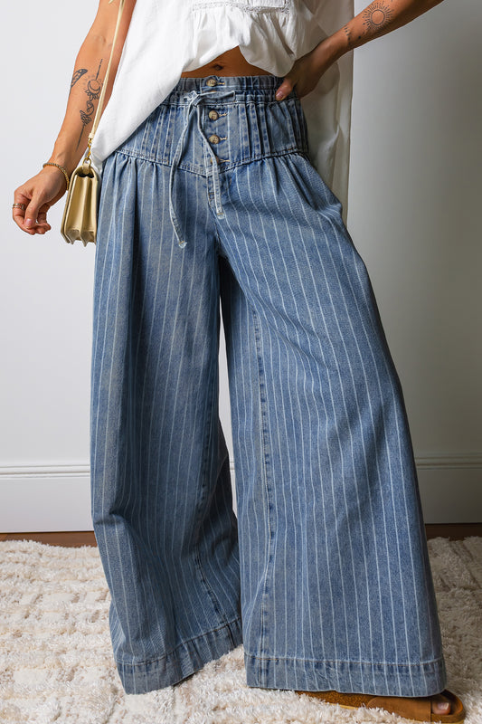 Striped Pleated Drawstring Waist Casual Wide Leg Jeans