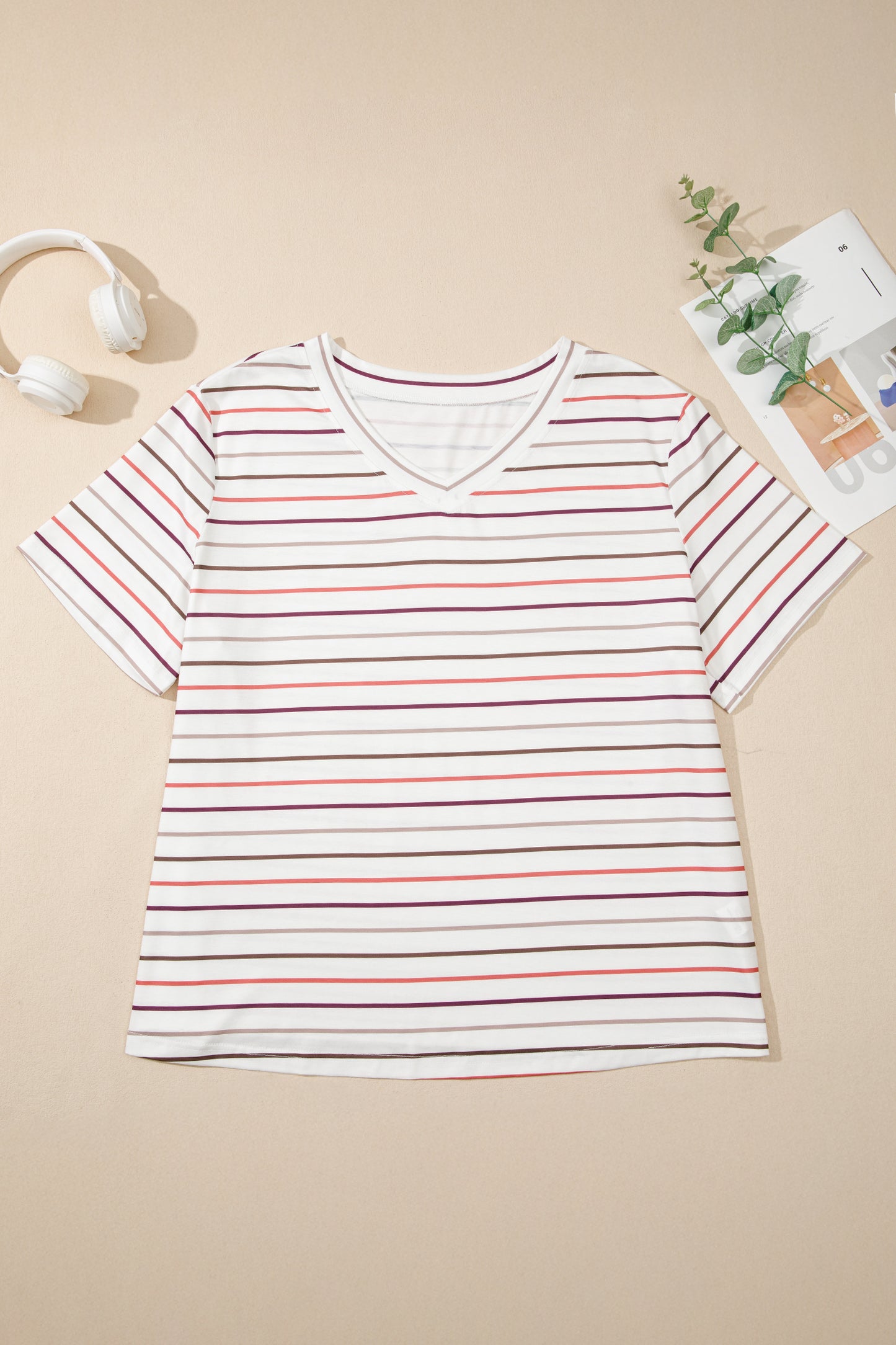 Striped V-Neck Casual Plus-Size Tee