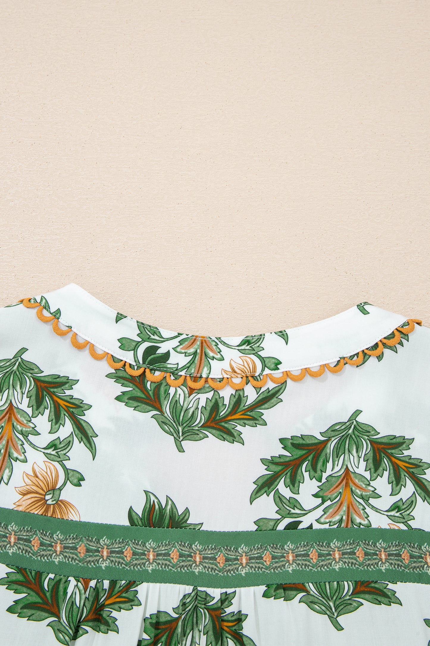 Green Plus-Size Floral Printed Contrast Patchwork Detail Tassel Tie 3/4 Sleeve Blouse