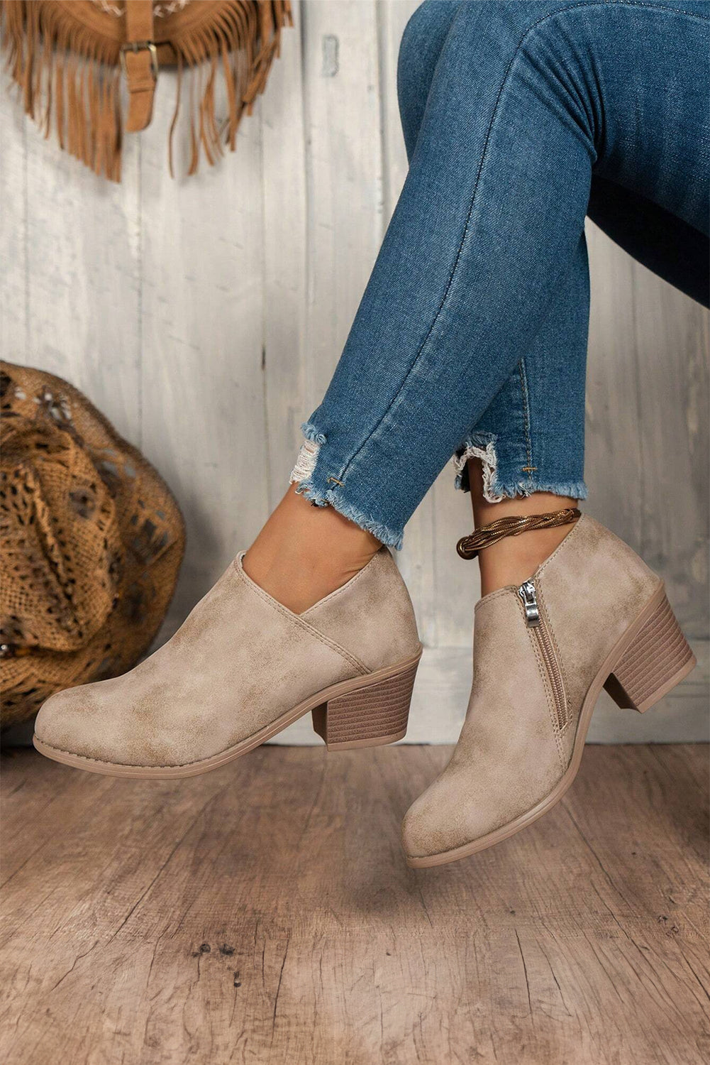 Gray Tulip-Opening Suede Ankle Boots