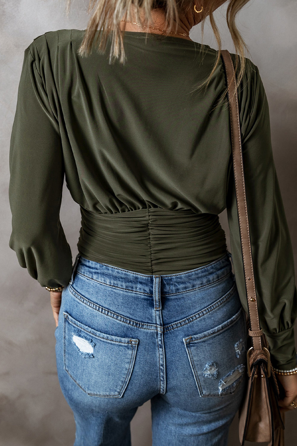 Moss Green Ruched Wrap V-Neck Long Sleeve Bodysuit
