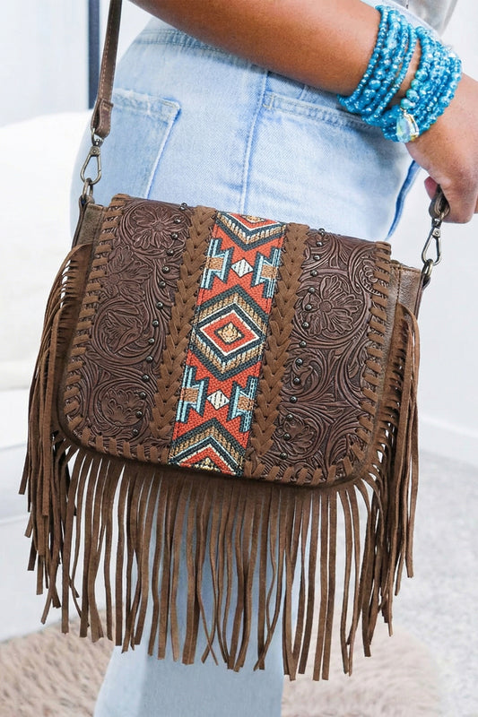 Coffee Western Aztec Bohemian Tassel Faux Leather Bag