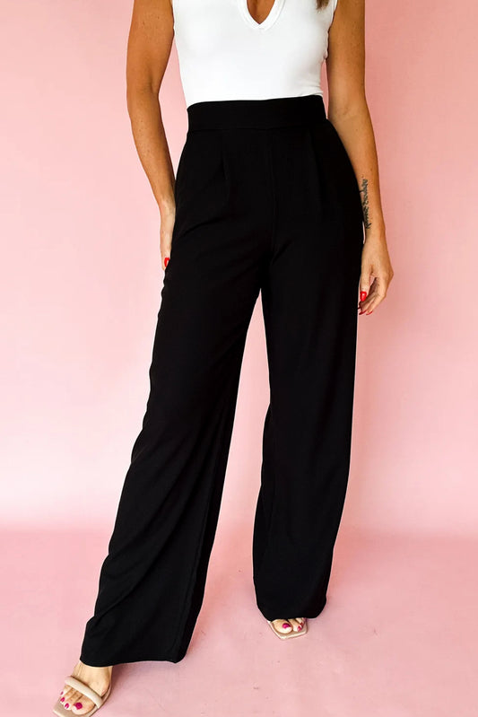Pleated Detail Pull-On High Elastic Waist Loose Straight Pants