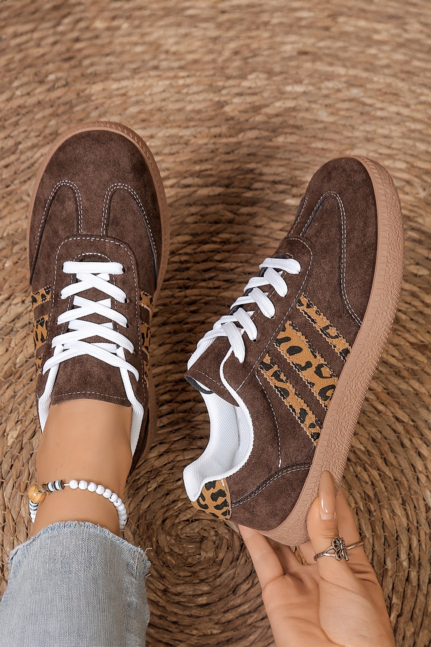 Coffee Contrast Lace-up Leopard Patchwork Detail Faux Suede Sneakers