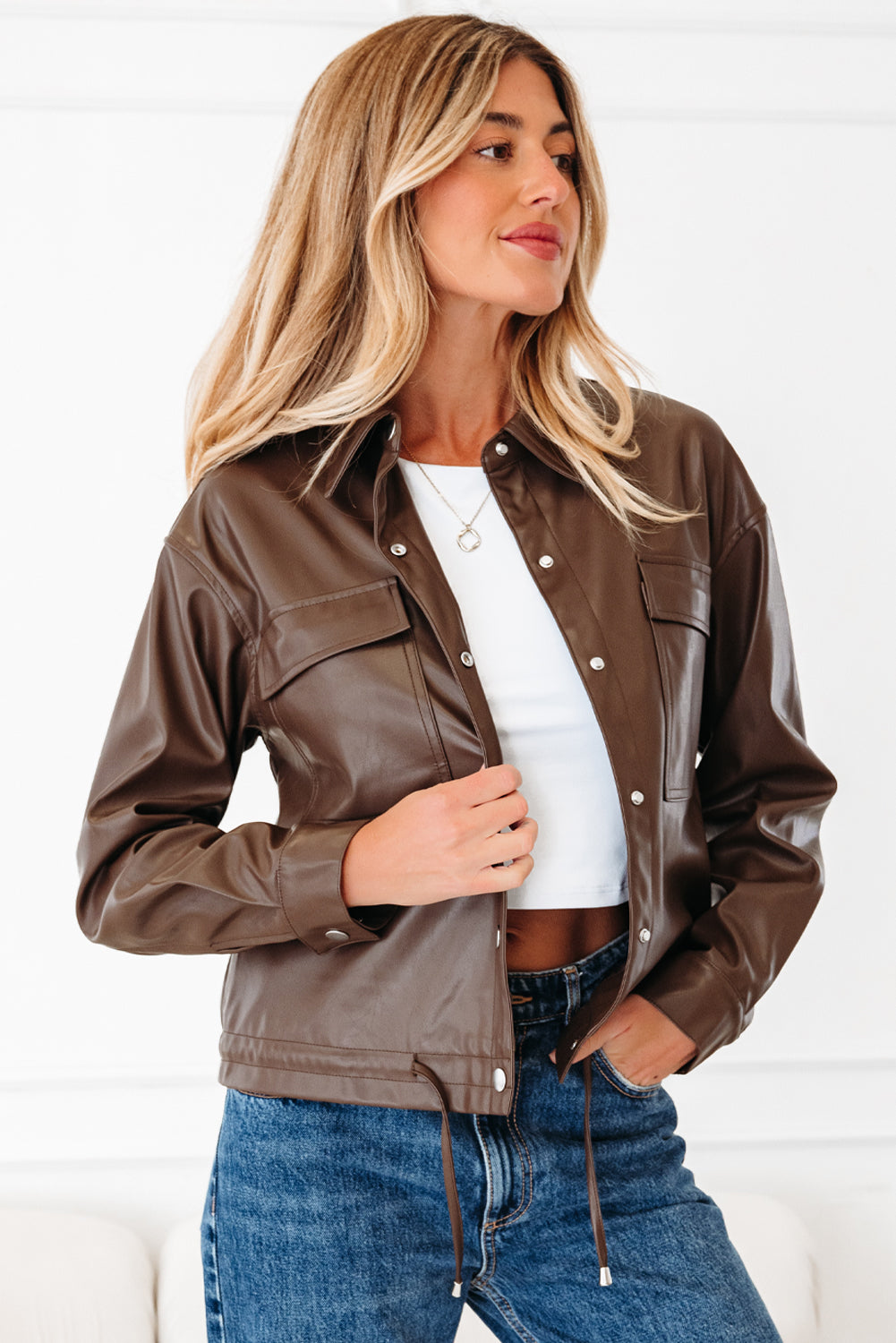Double Flap Pocket Drawstring Hem Faux Leather Jacket