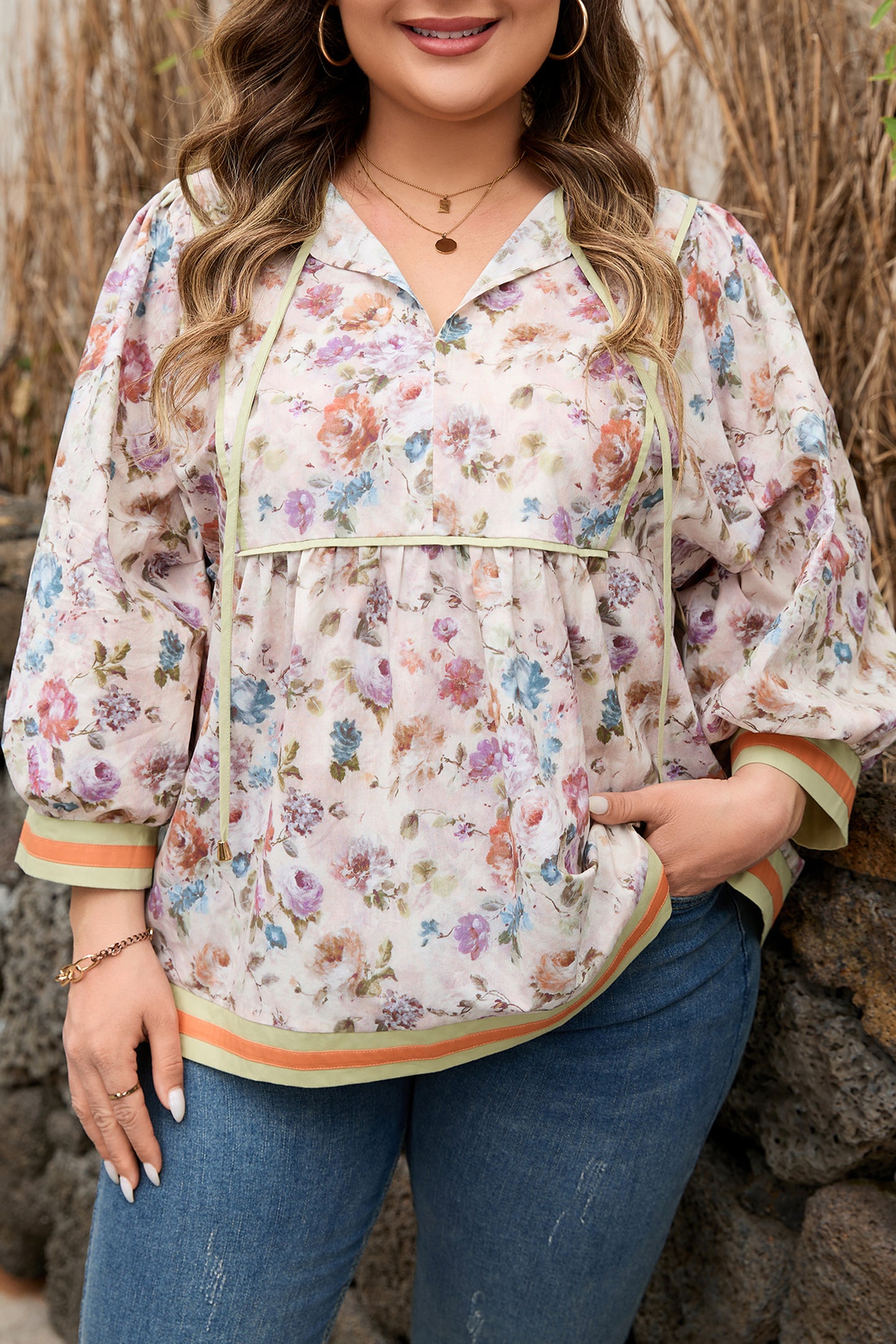 Floral Print Contrast Trim Striped Detail Babydoll Plus-Size Blouse