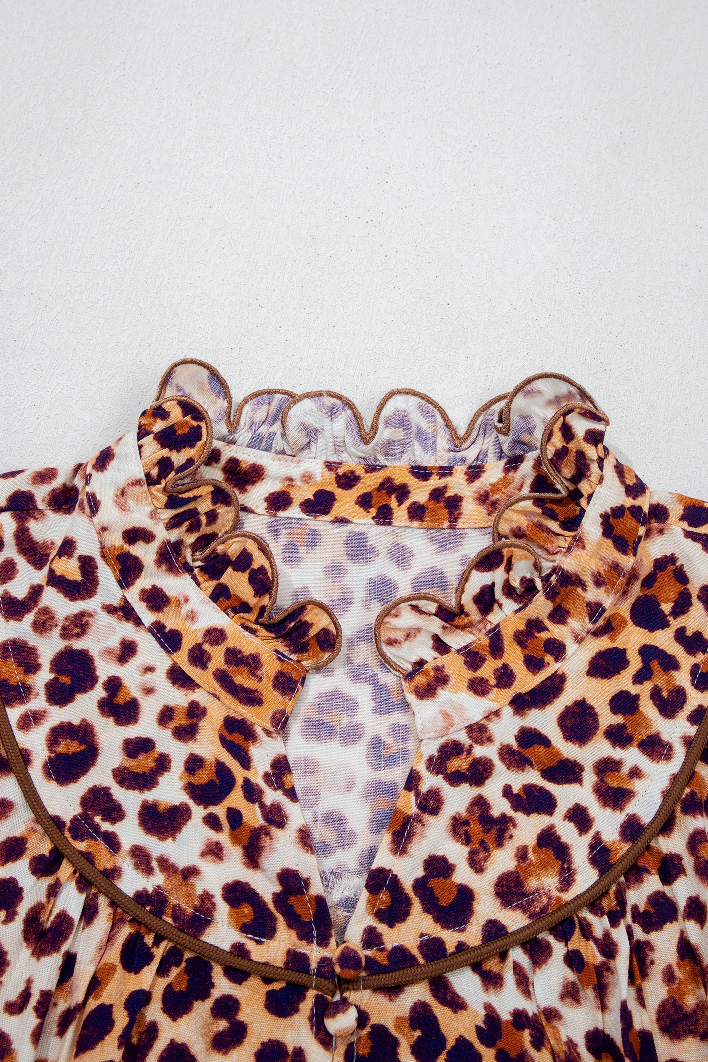 Brown Plus-Size Leopard Frilled Stand Neck Blouse