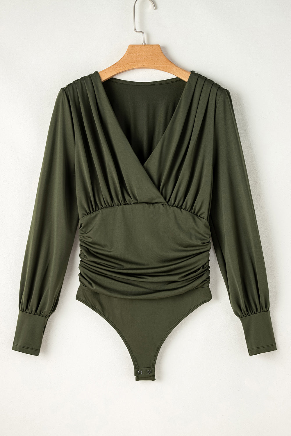 Moss Green Ruched Wrap V-Neck Long Sleeve Bodysuit