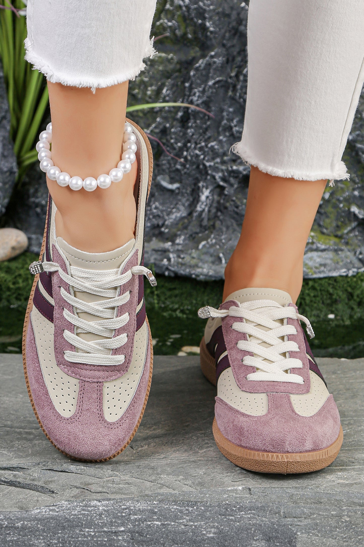 Pink Eyelet Faux Leather Patchwork Color Pop Sneakers
