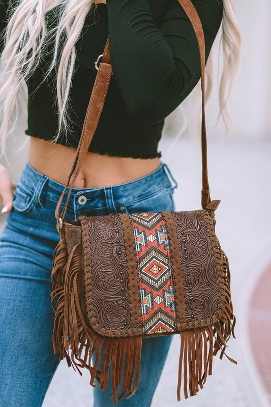 Coffee Western Aztec Bohemian Tassel Faux Leather Bag