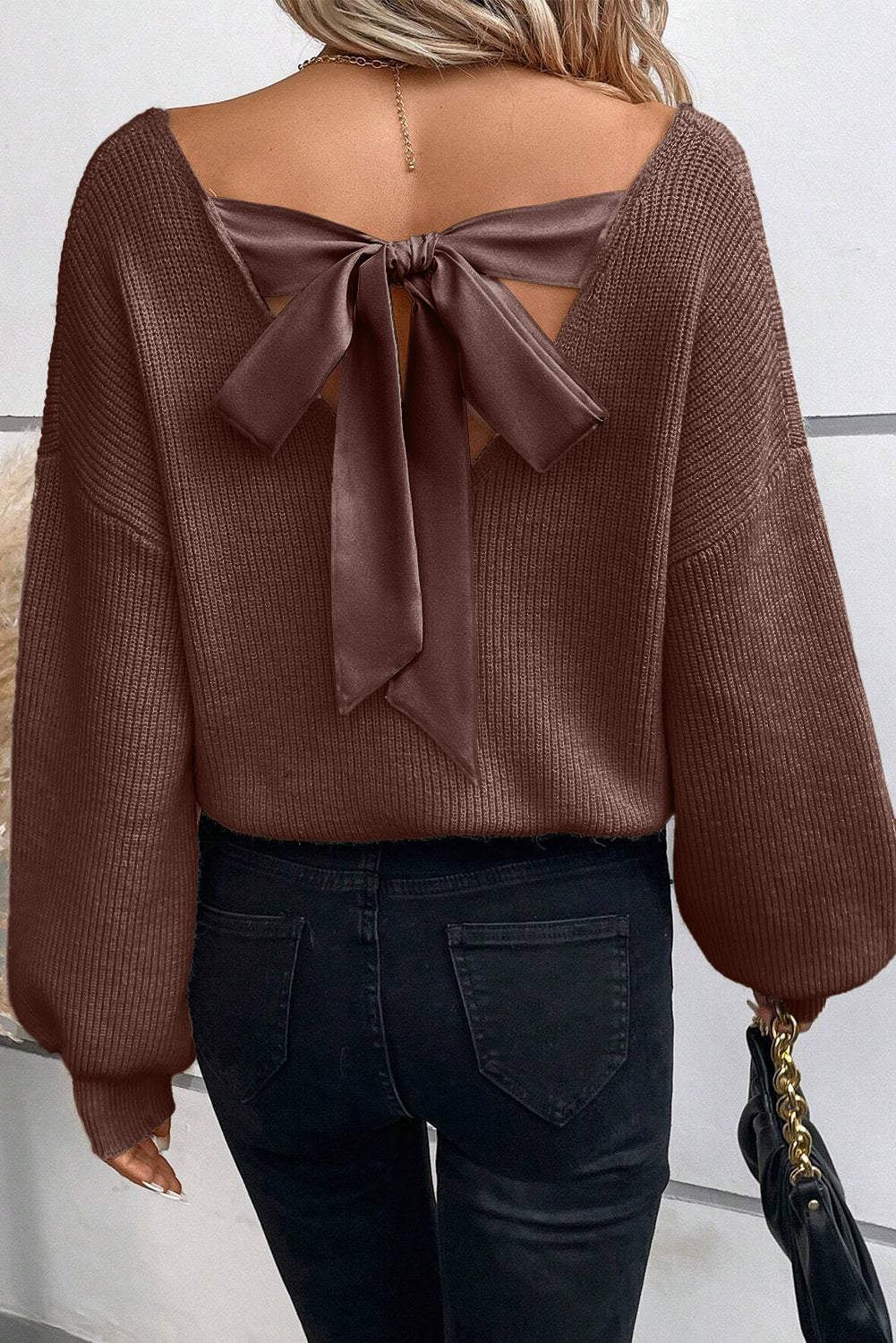 Lantern Sleeve V-Neck Knot Back Knitted Top