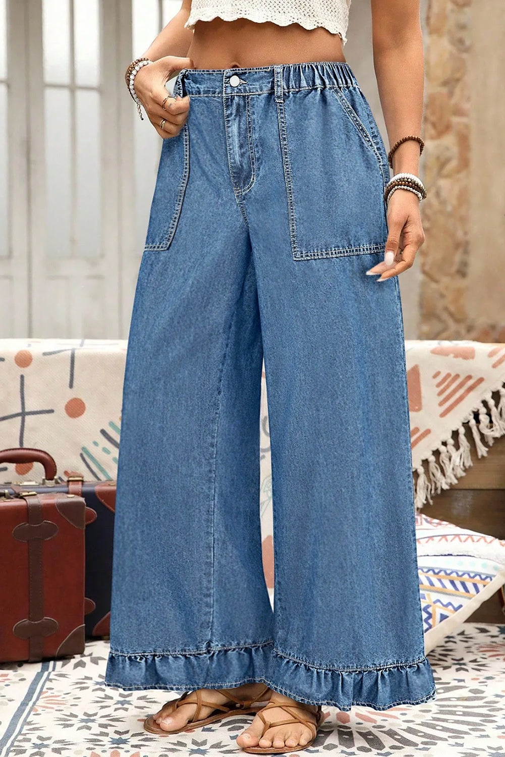 Plus Size Elastic Waist Ruffled Wide Leg Denim Pants