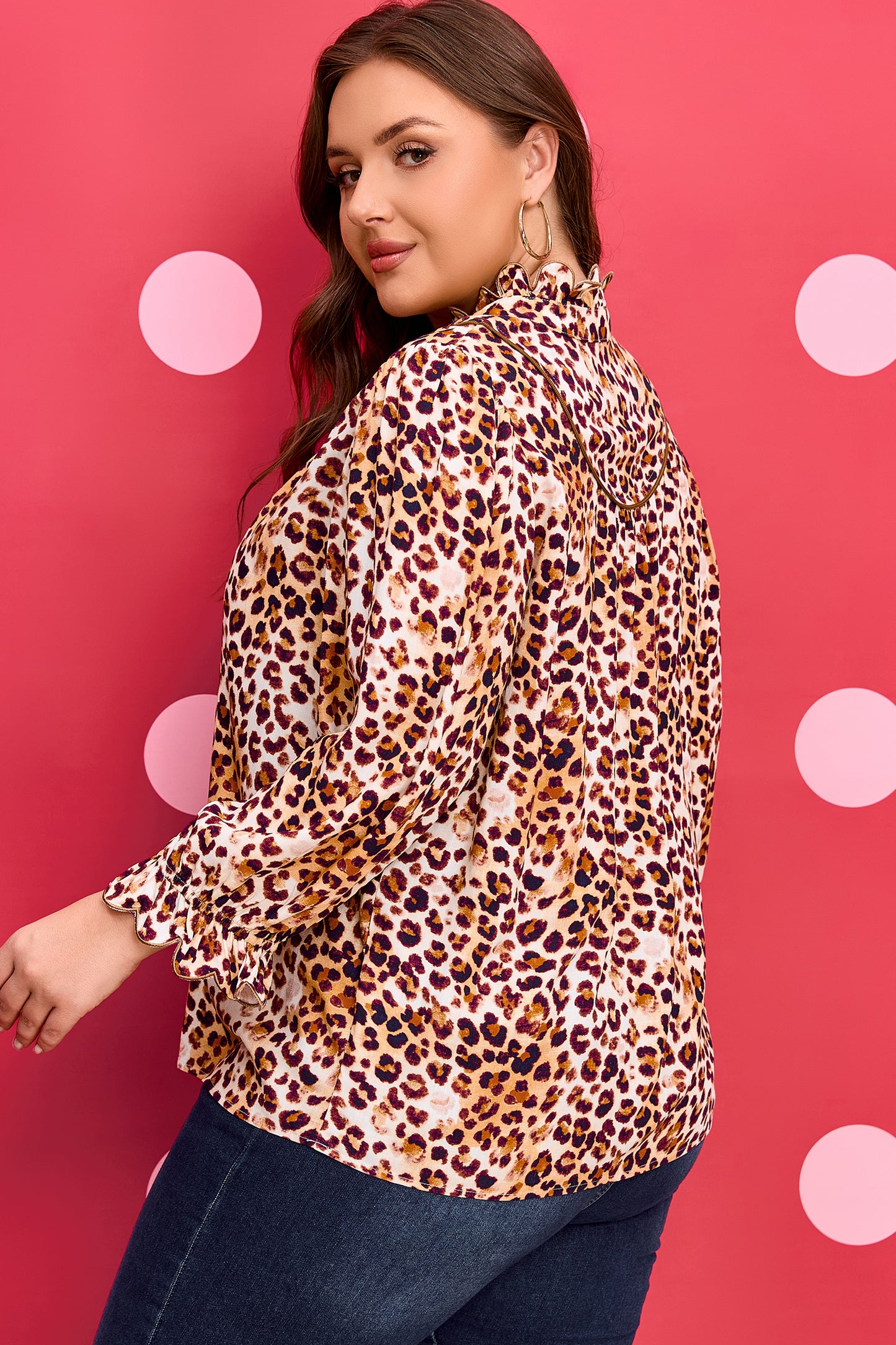 Brown Plus-Size Leopard Frilled Stand Neck Blouse